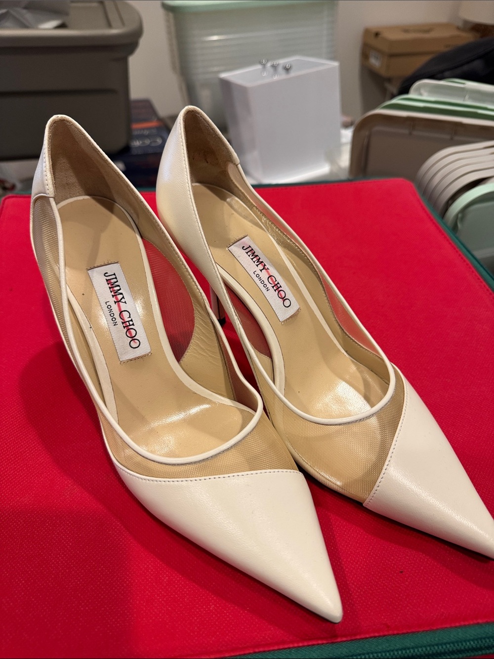 Jimmy Choo Cream and Nude Pointed-Toe Mesh Pumps